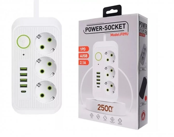 Сетевой фильтр (удлинитель) Power - Socket F09U 3 розетки 4 USB + Type-C 2метра черный, белый JumpexTopD-3065 фото